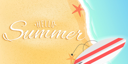 Hello summer web banner. Surfboard on the beach. Starfish and tide sea. Seasonal cover. Vector illustration. EPS 10.のイラスト素材