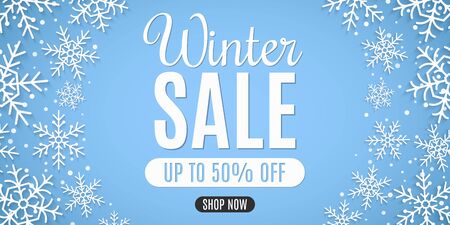 Christmas sale banner. Paper snowflakes with snow dust. Stylish lettering. Seasonal xmas shopping. Vector illustration.のイラスト素材