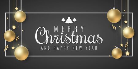 Christmas gift card. Golden balls and stars. Serpentine and confetti on a black background. Stylish lettering in frame. Festive poster for your design. Vector illustration.のイラスト素材