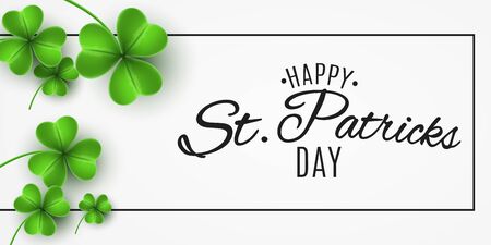 Banner for Saint Patricks Day. Realistic green clovers and stylish letternig in frame. Club and DJ name. Vector illustration.のイラスト素材