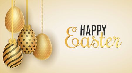 Happy Easter poster. Hanging golden eggs with a pattern on a light background. Festive template for your design. Vector illustration.のイラスト素材
