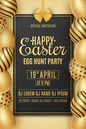 Easter party poster. Golden eggs with a pattern. DJ and club name. Invitation greeting card. Egg hunt event. Vector illustration.のイラスト素材