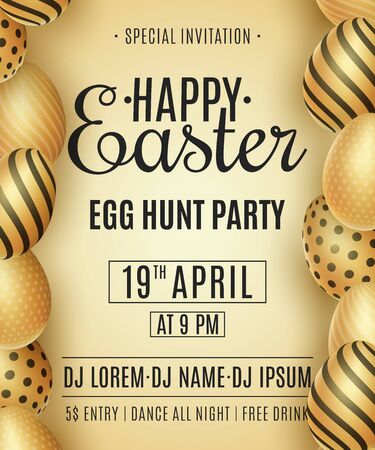 Easter party flyer. Golden eggs with a pattern. DJ and club name. Invitation greeting card. Festive template. Egg hunt. Vector illustration.のイラスト素材