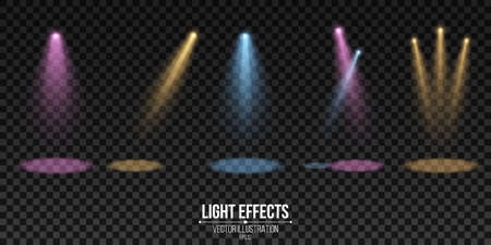 Multicolored spotlights isolated on a dark transparent background. A set of light effects. Elements for show and stage. Vector illustration. EPS 10.のイラスト素材
