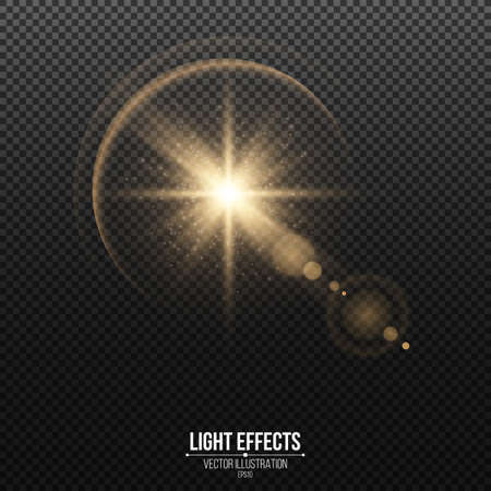 Stylish realistic golden star with glitter and bokeh isolated on a dark transparent background. Glowing element. Vector illustration. EPS 10.のイラスト素材