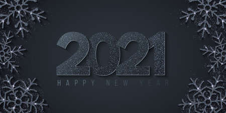 Happy New Year 2021.3D numbers on a background with silver glittering snowflakes. Greeting card....