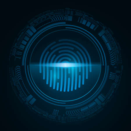 Fingerprint for computer system security with neon scan. Futuristic blue padlock button with HUD interface. Laser scanning for touch screen device. Vector illustration. EPS 10.のイラスト素材
