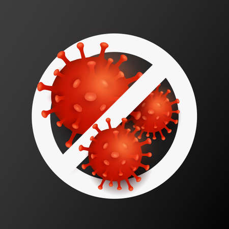 Stop sign with 3d pathogen organism coronavirus. Covid-19 epidemic infectious disease. For your medical design. Vector illustration.のイラスト素材