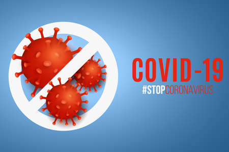 Stop sign with 3d pathogen organism coronavirus. Covid-19 epidemic infectious disease. Template for your medical design. Vector illustration.のイラスト素材