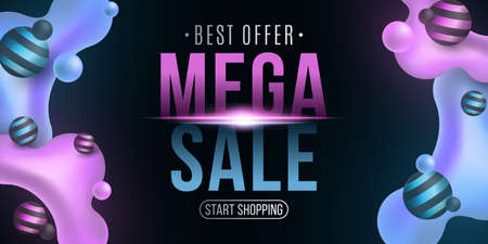 Mega sale poster. Abstract luminescent liquid neon glowing purple and blue gradient shapes on a dark background. Special offer. Banner for your business design. Vector illustration.のイラスト素材