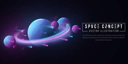 Futuristic deep space cartoon background. Cosmic concept. Flying meteorites and planets. Planet with glowing ring. Cover or brochure template. Vector illustration. EPS 10のイラスト素材