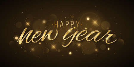 Golden New Year lettering decorated with abstract lights bokeh and stars on a dark background. Gold sequins. Luxurious Christmas banner.のイラスト素材