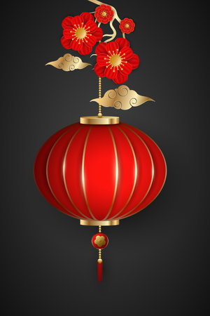 Happy Chinese New Year template. Wealthy blooming flowers and hanging lantern on a dark background with a Chinese traditional clouds. Vector illustration.のイラスト素材