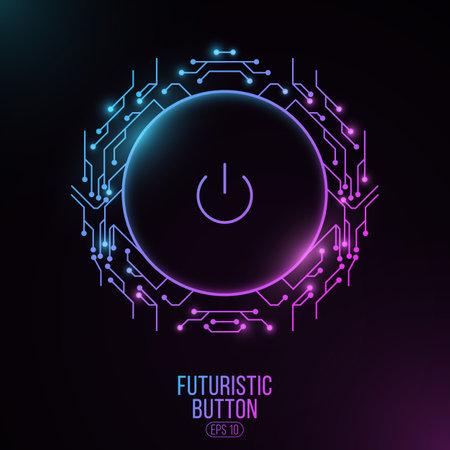 Futuristic power button with computer circuit board. HUD interface elements. UI Concept. Cyber...