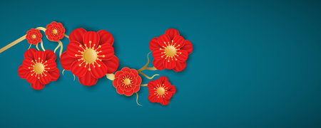 Blooming flowers on a blue background. Decoration for Chinese New Year. Traditional Chinese background for your festive design. Vector illustration.のイラスト素材