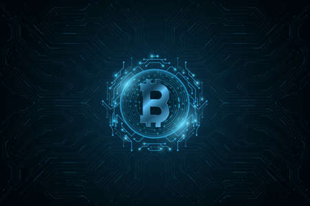 Futuristic blue Bitcoin digital currency. Computer CPU pattern. Concept cryptocurrency mining. Sci-fi design blockchain for graphic design. Vector illustration.のイラスト素材