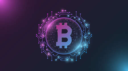 Futuristic purple and blue glowing Bitcoin digital currency. Computer CPU. Concept of cryptocurrency mining. Hi-tech design blockchain for graphic design. Vector illustration.のイラスト素材