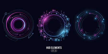 Futuristic round glowing HUD elements. Artificial intelligence. Virtual graphic touch user interface. Dashboard display. Sci-fi and Hi-tech design. Vector illustration.のイラスト素材