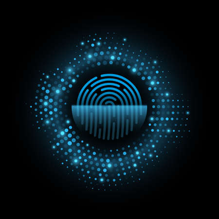 Futuristic fingerprint biometric data security. Big data CPU. Glowing scanning user interface for graphic design. Halftone circle. Touch screen panel. Vector illustration. EPS 10.のイラスト素材