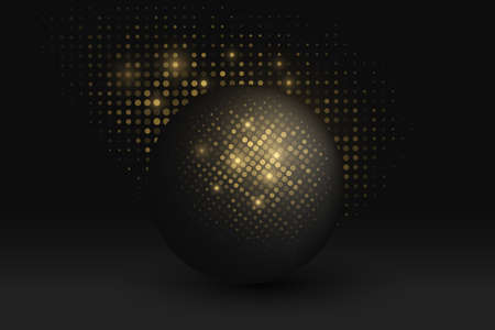 Futuristic sphere with glitter golden halftone effect on dark background. Abstract element for graphic design. Realistic ball with shadow. Vector illustration. EPS 10.のイラスト素材
