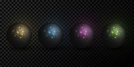 Set of futuristic, colorful spheres with glitter halftone effect isolated on dark transparent background. Abstract element for graphic design. Graphic elements. Vector illustration. EPS 10.のイラスト素材