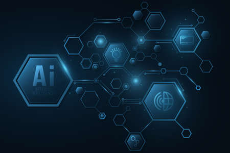 Futuristic diagram from glowing hexagons frame with icons. Artificial Intelligence concept. Neural networks. Digital technology. Big data. Sci-fi presentation. UI design. Vector illustration. EPS 10.のイラスト素材