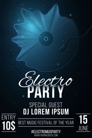 Electronic party poster. Retro musical plate made of glowing abstract wavy shapes. Night dance invitation. Electro music disco. Flyer for your event. Club and DJ name. Vector illustration.のイラスト素材