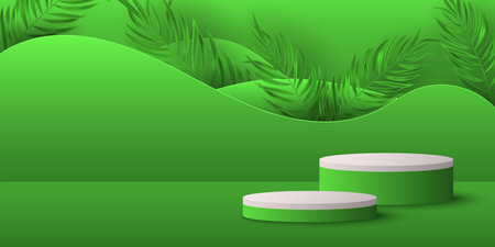 Tropical stylish pedestal with palm leaf on a background of abstract wavy shapes to display your cosmetic product. 3D vector cylinder stage for presentation. Exotic mock up for Summer design.のイラスト素材