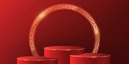 Asian style 3d podium with red wall to display your brands products. Chinese New Year design. Mockup for presentation. Golden frame with vintage pattern. Vector illustration.のイラスト素材