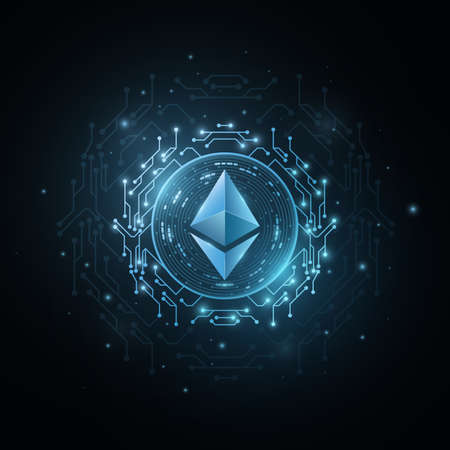 Ethereum cryptocurrency in a futuristic style. Digital coin for banner, website or presentation. Vector blockchain for graphic design.のイラスト素材