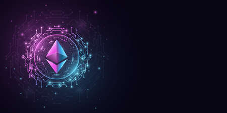 Ethereum cryptocurrency in a futuristic style. Digital coin ETH for banner, website or presentation. Vector blockchain for graphic design.のイラスト素材
