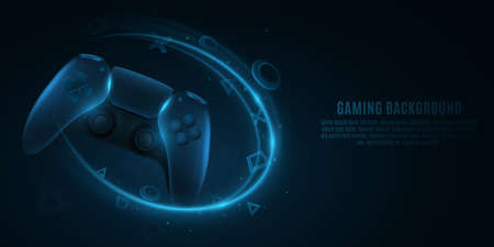 Modern game pad for video games. 3d joystick for game console. Abstract light swirling vortex effect with geometric shapes. Computer games concept. Vector illustration.のイラスト素材