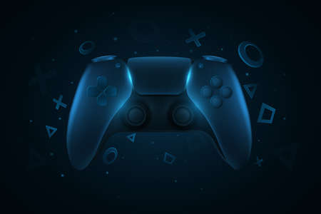 Modern game pad for video games. Blue 3d joystick for game console. Abstract geometric shapes. Computer games concept. Vector illustration.のイラスト素材