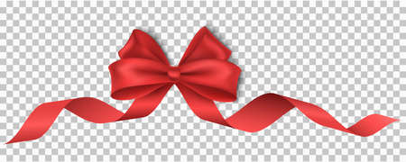 Vector, festive, realistic, red ribbon with bow isolated on transparent background for christmas, new year, party, sale or birthday. Luxury, silk tape. Realistic design element for holiday.のイラスト素材