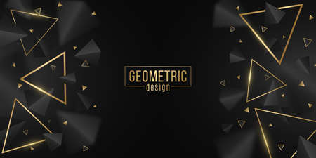 Stylish, geometric background of black and golden triangles. Modern design for template, cover, banner, brochure. 3d, decorative, polygonal shapes with blur. Vector illustration.のイラスト素材