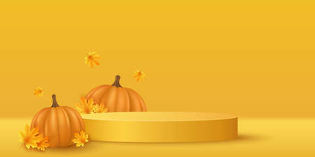 Autumn podium with realistic 3d pumpkin and maple leaves to display your brand products for Thanksgiving. Showcase and shelf. Empty scene. Vector illustration. EPS 10のイラスト素材