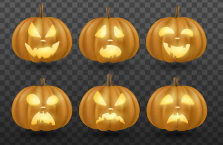 Set of vector cartoon emotional 3D pumpkins with glowing eyes isolated on a dark transparent background for the holiday Halloween. Different faces of the characters. EPS 10のイラスト素材