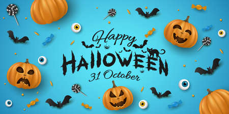 Halloween background with 3d emotional cartoon smiling pumpkins. Decorative eyes, sweets, lollipops. Horror lettering with bats, cat and spider. Holiday design for cover, banner or party invitation. EPS 10