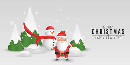 Christmas cute cartoon santa and snowman on the background of decorative fir trees with snowflakes. 3d emotional characters for the new year. Holiday cover. Vector illustration. EPS 10のイラスト素材