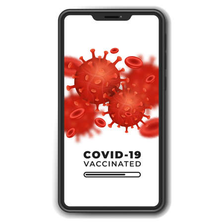 Loading and checking vaccinations Coronavirus 2019-nCoV on smartphone screen. 3d virus model with blood cells. Vector illustration.のイラスト素材