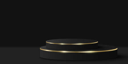 Elegant black and gold podium for show your product. 3d cylinder on black background. Luxurious platform or minimal stage. Mockup for fashion presentation. Vector illustrationのイラスト素材
