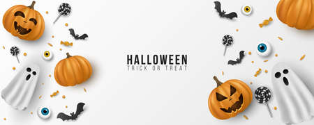 Happy Halloween background design. 3d emotional, cartoon, smiling pumpkins with eyes, sweets, lollipops, flying bats, ghost on white background. Party invitation template. Vectorのイラスト素材