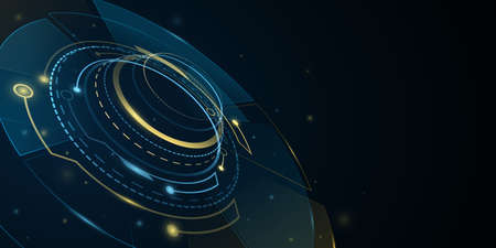 Digital 3d HUD GUI UI with light effects. Futuristic, sci fi elements for user interface. Virtual graphic. Technology background. Cyber space. Dashboard display. Vector illustration.のイラスト素材