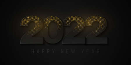 Happy New Year 2022 banner of black numbers with shimmering golden glitters on dark background. Light effect. Luxurious cover design. Elegant greeting card. Vector illustration.のイラスト素材