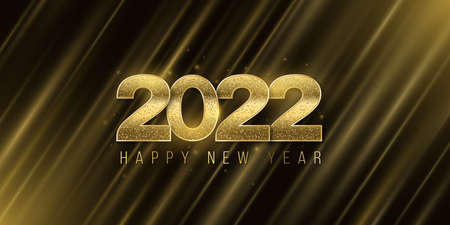 Happy New Year 2022 banner with golden, glitter numbers on abstract background of rays. Light effect. Luxurious cover. Elegant greeting card. Vector illustration.のイラスト素材