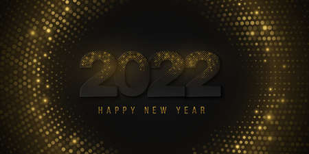 Happy New Year 2022 banner of black numbers with shimmering golden glitters on halftone background. Light effect. Luxurious cover design. Elegant greeting card. Vector illustration.のイラスト素材