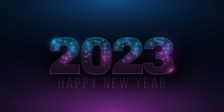 Abstract cover for New Year 2023. Glittering purple and blue numbers with glowing halftone pattern....
