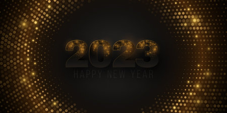 Abstract Happy New Year 2023 banner for your design. Halftone glowing pattern. Gold glitter numbers with abstract lights. Festive cover for website. Greeting card. Vector illustration. EPS 10のイラスト素材