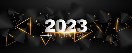 Happy new year 2023 cover for your design. Geometric glowing elements of black and golden triangles....