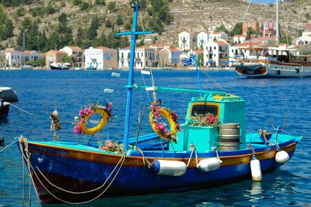 A traditionally decorated greek fishing boat in Kastellorizo Island of Greece, taken in summer 2011